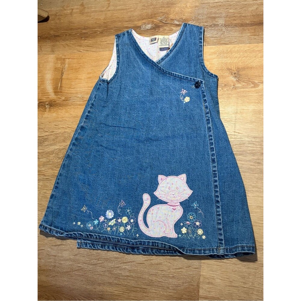 Vintage Y2K Faded Glory Girls Denim Jumper Wrap Dress with Pink Cat Appliqué